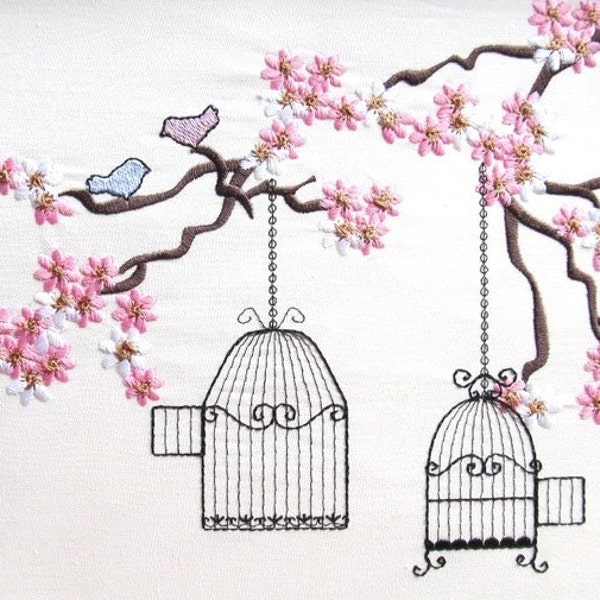 Cherry Blossom mini Flowers Birds and Cage awesome machine embroidery designs floral tree branch for hoop 4x4, 5x7 and 6x10 INSTANT DOWNLOAD