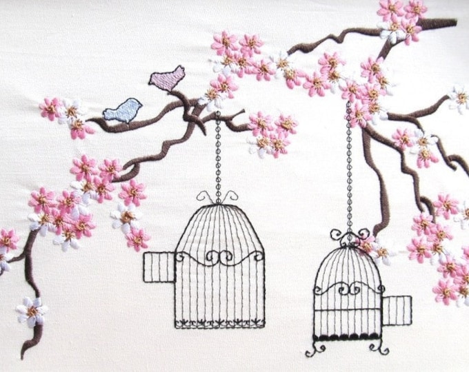 Cherry Blossom mini Flowers Birds and Cage awesome machine embroidery designs floral tree branch for hoop 4x4, 5x7 and 6x10 INSTANT DOWNLOAD