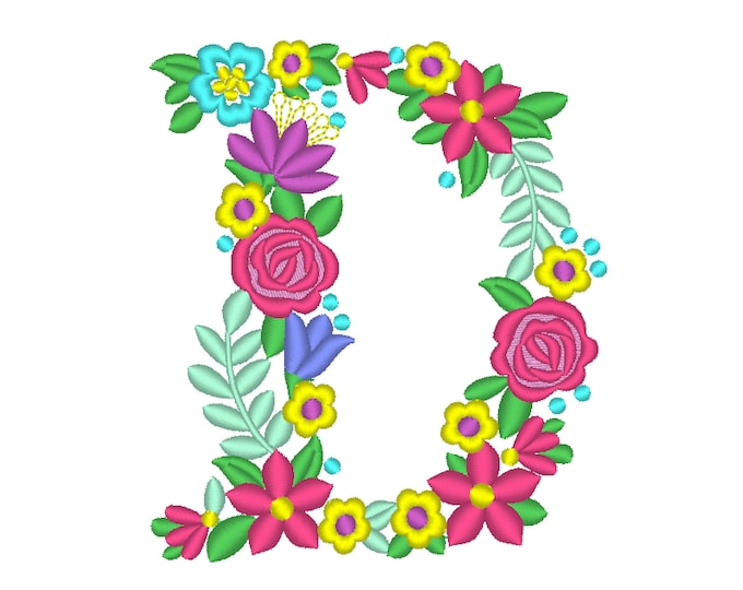 Floral letter D garden flag monogram liberty fashioned flowers flower Font machine embroidery designs monogram D only 4, 5, 6 and 8 in