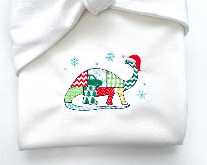 Christmas Apatosaurus Kiwi Jurassic Dinosaur Patchwork patterned silhouette outline kids machine embroidery designs sizes 4 up to 8 inches