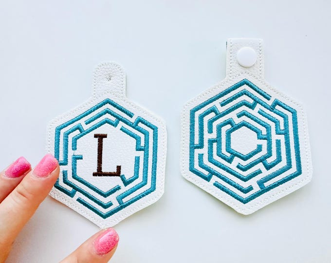 Hexagon Labyrinth frame and initial Monogram Eyelet and Key Fob snap tab in the hoop ITH keychain machine embroidery designs kids gift idea