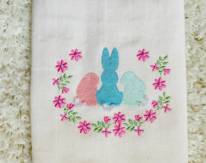 Triple three bunnies in a row Fringed Fluffy tail Easter Bunny machine embroidery designs fringe in the hoop ITH project floral border frame