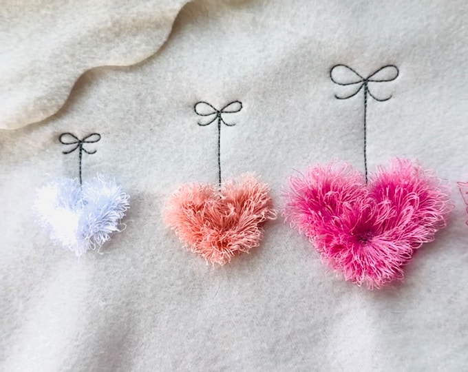 Hanging fringed fluffy Heart Valentine Day machine embroidery design individual Heart fringe ITH in the hoop assorted sizes 1.5 up to 3 inch