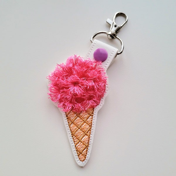 Fringed Ice Cream ball in waffle cone key fob snap tab keychain in the hoop ITH machine embroidery designs awesome kids purse bag tag