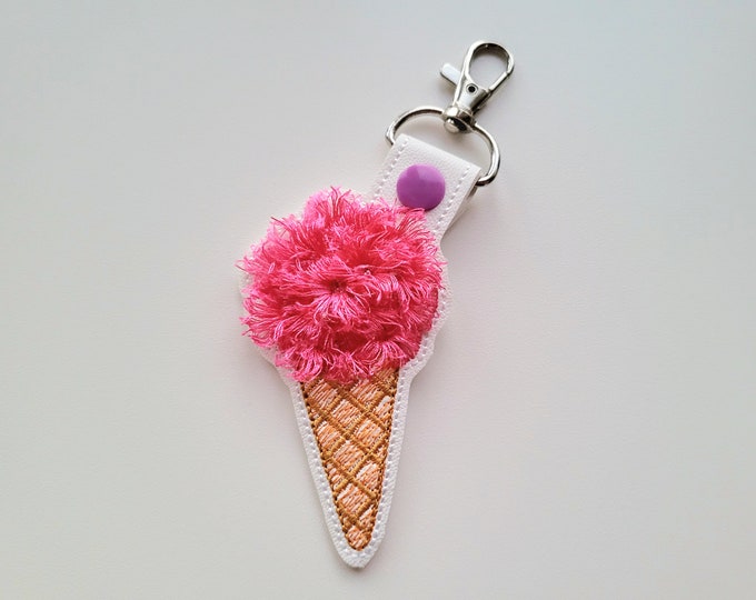 Fringed Ice Cream ball in waffle cone key fob snap tab keychain in the hoop ITH machine embroidery designs awesome kids purse bag tag