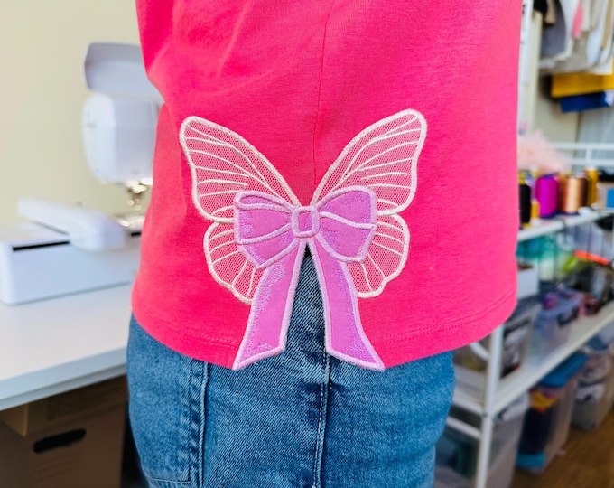 Butterfly Wings side Bow double 2 layers Applique machine embroidery designs shadowed ribbon Girly Bow from 4 to 8 inch sweatshirt side seam
