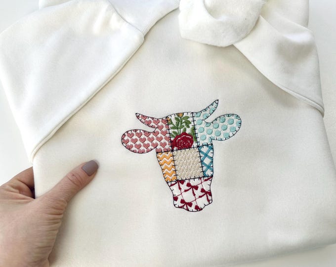Patchwork Cow Head patterned Cow face machine embroidery designs many sizes 4 up to 8 inch farm kitchen pillow design for hoop 4x4 5x7 8x8
