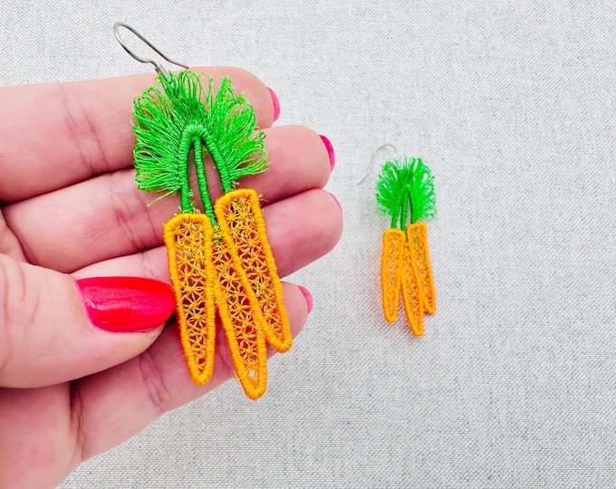 Easter Carrot three carrots summer garden girls earrings charm in the hoop FSL freestanding lace machine embroidery designs ITH size 2.4 in
