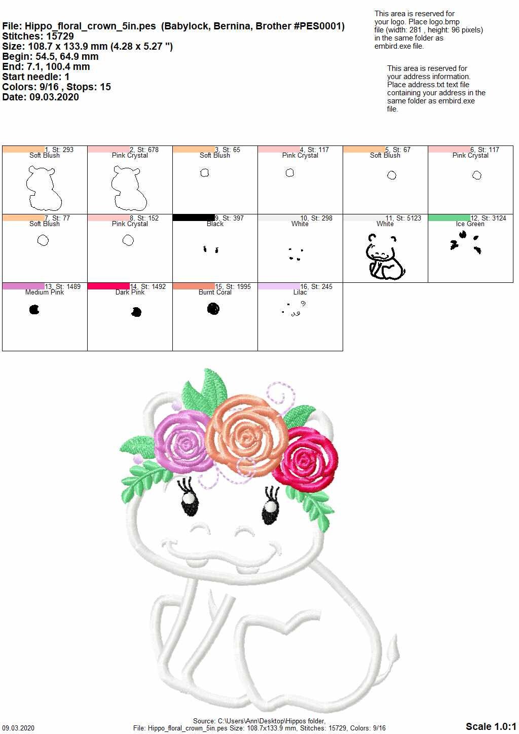 Hippo baby with flowers floral crown roses applique design baby hippo Hippo baby with flowers floral crown roses applique design baby hippo