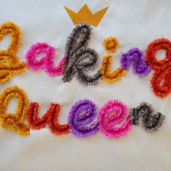 Queen tiny extra secure & fluff Fringed Handwriting fluffy FONT machine embroidery designs 2, 3, 4, 5 inches for kids little princess, BX