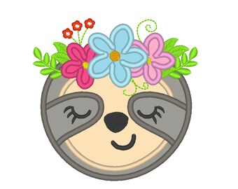 Cara de perezoso, perezoso de ojos bonitos, perezoso con diseño de aplique de corona de flores, diseño de aplique de bordado, diseño de bordado a máquina 4x4 5x7 6x10