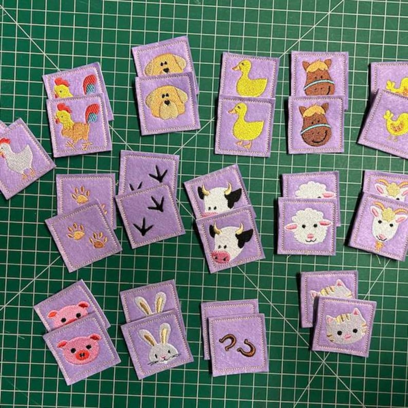 Memory game "FARM" machine embroidery design In the hoop embroidery ITH project for hoop 4x4, 5x7, 6x10 kids match game farm animals faces image 5