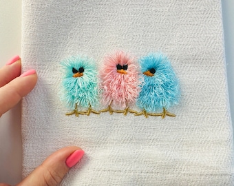 Trio de poussins de broderie machine triple poussin duveteux à franges chenille oiseau de ferme mignon petit poulet bébé enfants super frange fourrure floue