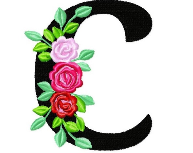 Roses floral Individual letter C garden flag monogram roses crown flowers flower Font machine embroidery design 2, 3, 4, 5, 6, 7, 8 in
