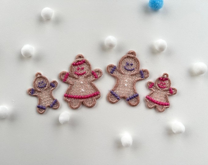 Mini wee Christmas Gingerbread Man charm earrings pendant ornament Ginger boy and girl FSL free standing lace machine embroidery designs