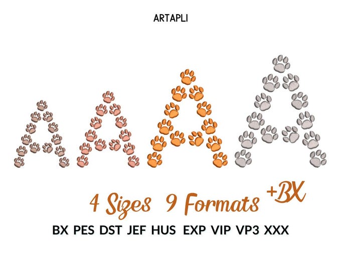 Dog Puppy Paw FONT tiny micro pawprint awesome alphabet letters A-Z monogram machine embroidery designs multiple sizes from 3 to 5in, and BX