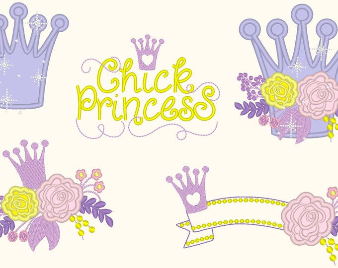 Sparkling shabby chick princess crown floral crown collection Girl birthday outfit announcement nursery applique machine embroidery designs