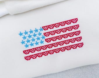 Cross stitch Lace Flag machine embroidery designs patriotic sweet home lace and stars girly design 4th July sizes 5 up to 9 inch