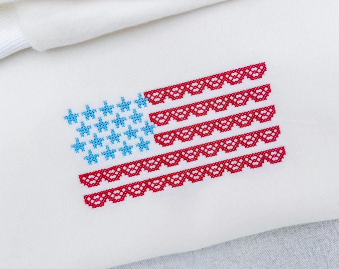 Cross stitch Lace Flag machine embroidery designs patriotic sweet home lace and stars girly design 4th July sizes 5 up to 9 inch