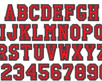 May include: Red and black alphabet and number font with a thick outline. The letters and numbers are in a bold, blocky style.