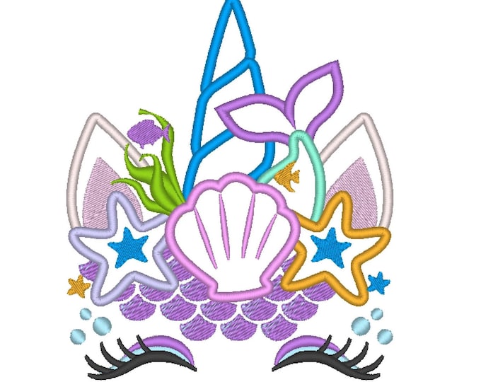 Mermaid Sea Unicorn head with shell and star crown applique machine embroidery designs Summertime beach Unicorn face nautical