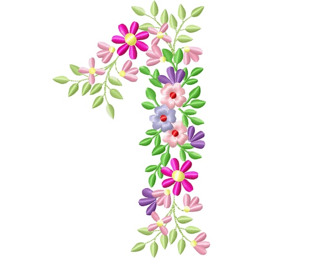 Country Floral birthday number 1 farm flowers number flower flowered Font machine embroidery designs number 1 ONE only 3.5, 4, 5, 6, 7, 8in