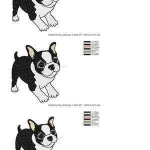 May include: An embroidered design of a Boston Terrier dog in black and white. The dog is depicted in a playful pose, with its tongue slightly visible. The design is labeled "BostonTerrier" and includes size and stitch count information.