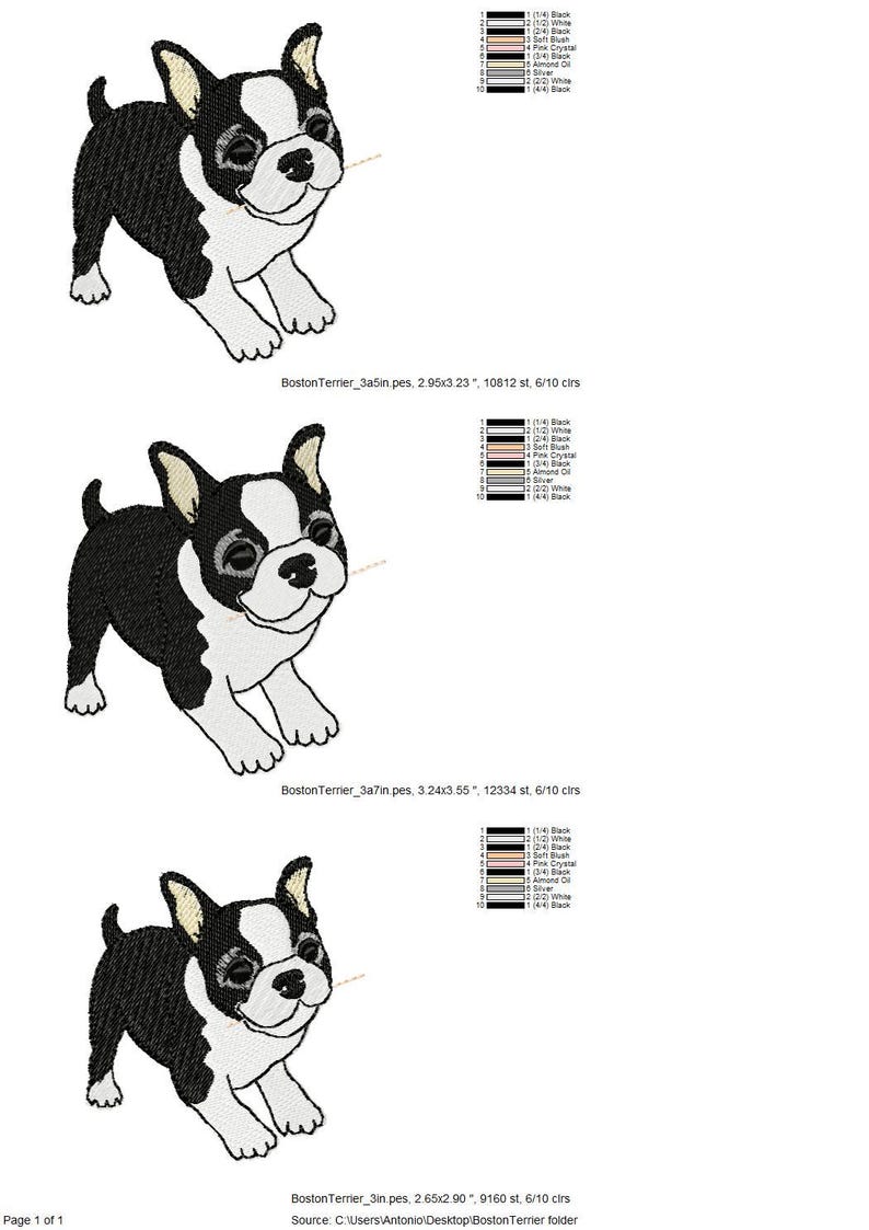 May include: An embroidered design of a Boston Terrier dog in black and white. The dog is depicted in a playful pose, with its tongue slightly visible. The design is labeled "BostonTerrier" and includes size and stitch count information.