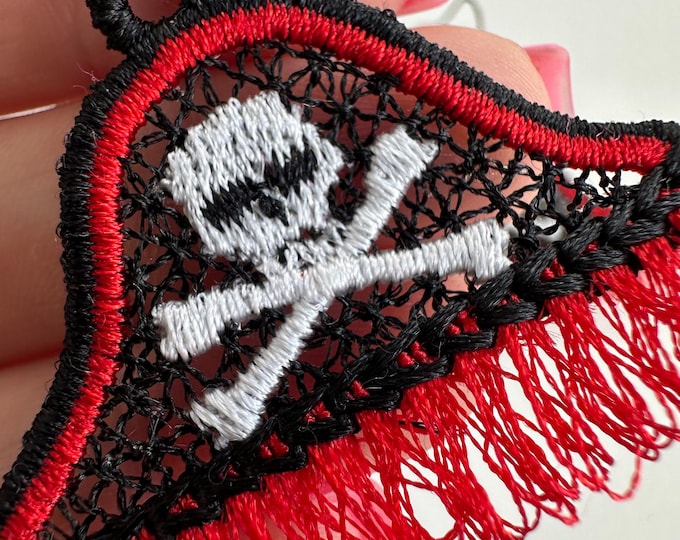 Fringed Pirate earrings FSL freestanding lace machine embroidery designs Corsair Skull crossed bones charm pendant design simply in the hoop