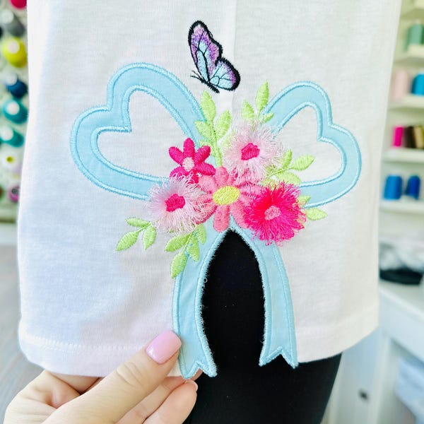 Fringed fluffy Flowers and Heart Bow Butterfly split side seam cutout Side Bow Applique machine embroidery designs floral Sweatshirt T-shirt