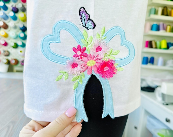 Fringed fluffy Flowers and Heart Bow Butterfly split side seam cutout Side Bow Applique machine embroidery designs floral Sweatshirt T-shirt