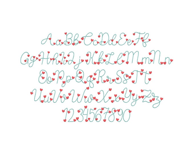 Heart Font puff bean stitch line Font machine embroidery designs assorted mini sizes handwritten script Valentine Font alphabet letters, BX