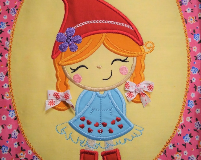 Gnome Girl, little elf  applique Stitch Machine Embroidery design file, gnome elf applique design, sizes 5x7 and 6x10