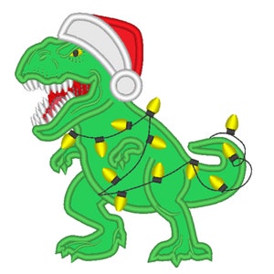 T-rex Christmas dinosaur santa hat and lights Christmas tree machine  applique designs assorted sizes, for hoops 4x4, 5x7, 6x10