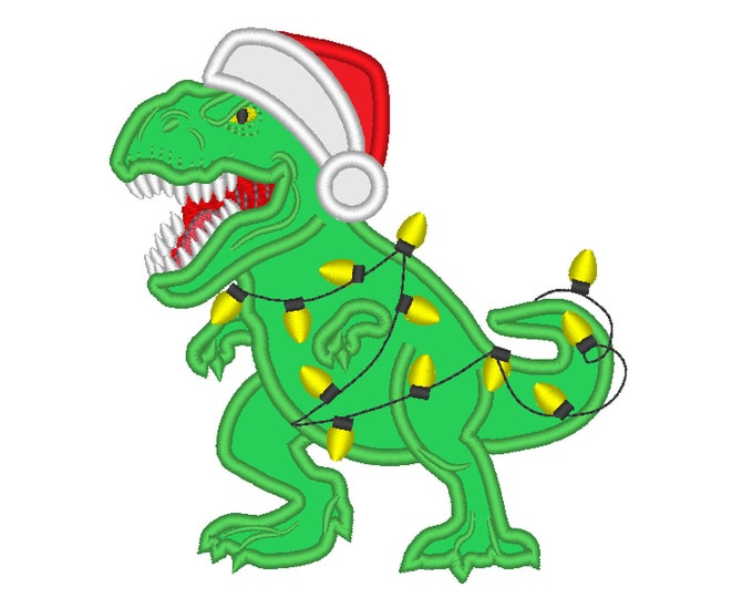 T-rex Christmas dinosaur santa hat and lights Christmas tree machine  applique designs assorted sizes, for hoops 4x4, 5x7, 6x10