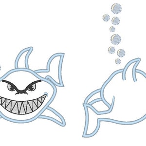May include: A blue outline of a cartoon shark with a toothy grin and a set of bubbles above it. To the right is a blue outline of a cartoon shark without a face.
