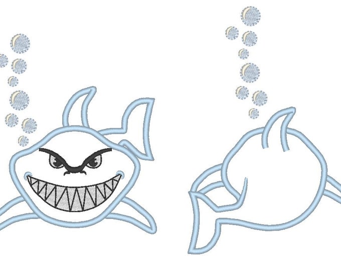 Shark front and back, rear view - machine embroidery applique and fill stitch designs, many sizes  INSTANT DOWNLOAD