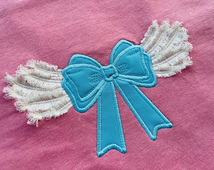 Fringed Angel wings fluffy feathers side Bow split seam in the hoop machine embroidery designs Girly heirloom Bow sweatshirt t-shirt design