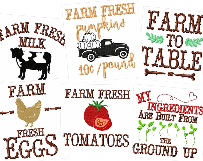 Farm Fresh Kitchen cute quotes SET of 6 machine embroidery designs for hoop 4x4, 5x7, kitchen towel or apron embroidery farm cow chicken
