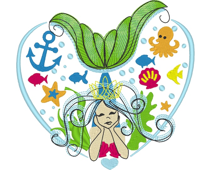 Mermaid heart sketch stitch outline bean triple, lock stitch machine embroidery designs hoop 4x4 5x7 6x10 mermaid seaside marine girl beach