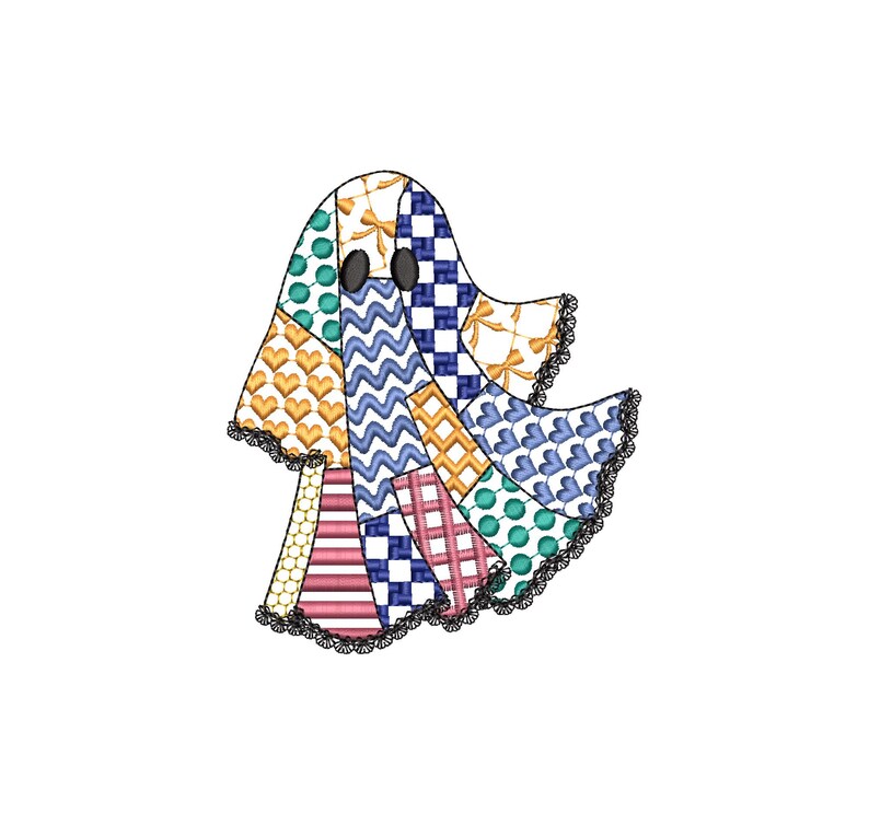 May include: A patchwork ghost design with a variety of patterns and colors, including hearts, polka dots, and stripes. The ghost has black eyes and a black lace trim. This design is perfect for Halloween-themed crafts.