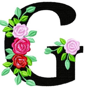 Rosas florales Letra individual G jardín bandera monograma rosas corona flores flor Fuente máquina bordado diseño 2, 3, 4, 5, 6, 7, 8 in