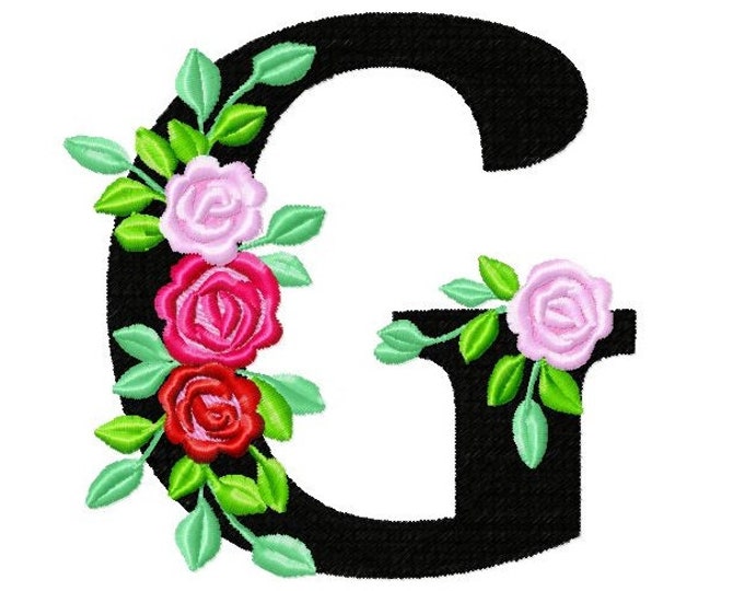 Roses floral Individual letter G garden flag monogram roses crown flowers flower Font machine embroidery design 2, 3, 4, 5, 6, 7, 8 in