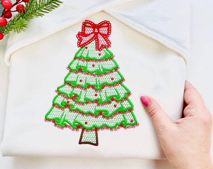 Festive Christmas Tree with Bow awesome Lace Effect and Ruffle machine embroidery designs for hoop 5x7 6x10 8x8 sweet home decoration