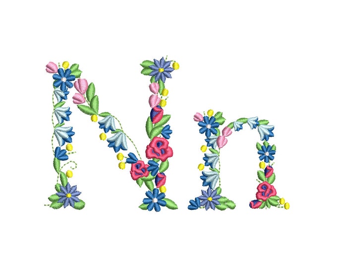 Meadow Bluebell Rose Floral letter N monogram flowers flower flowered machine embroidery designs 2, 3 and 4 inches