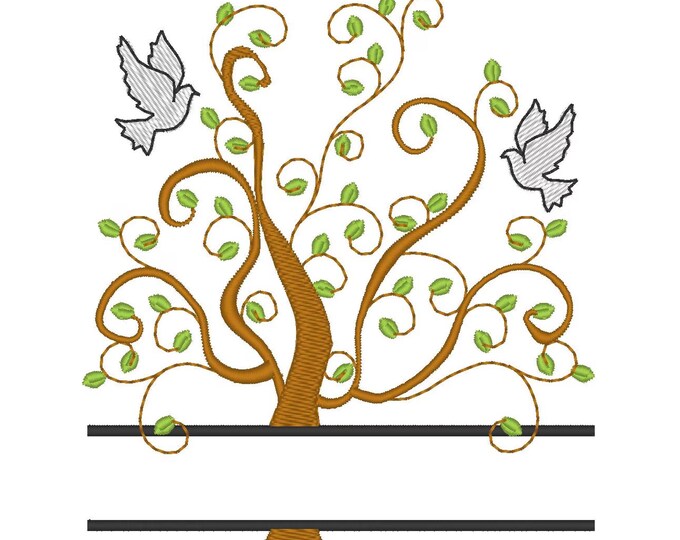 Family tree and mini font SET split tree swirl curl and Dove machine embroidery designs sizes for hoop 4x4, 5x7, 6x10