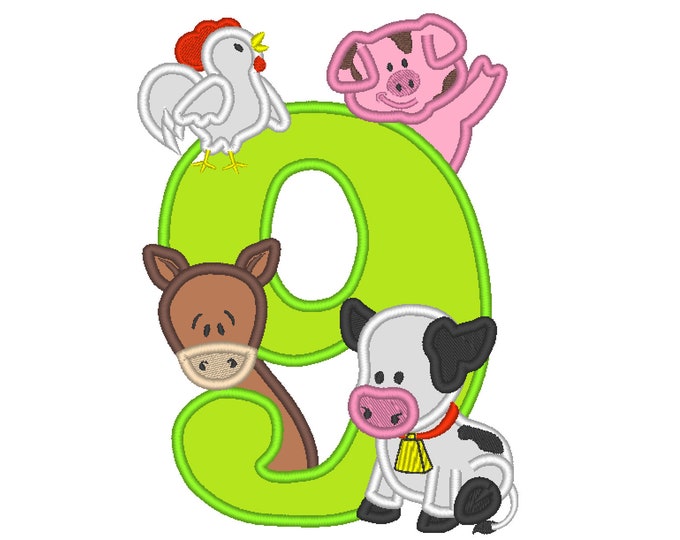 Farm birthday number NINE 9 with cow, pig, horse and rooster - cute farm theme machine embroidery applique design  5x7 6x10 assorted sizes