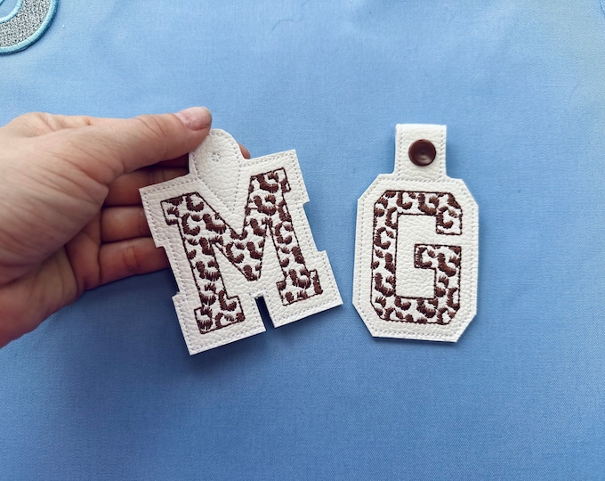 Leopard print Monogram Eyelet and Key Fob Snap Tab Block Font alphabet in the hoop ITH machine embroidery designs keychain bag tag gift idea
