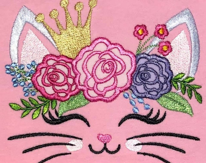 Little Princess Kitty face with shabby chick roses and crown applique machine embroidery applique embroidery design cat head kitty