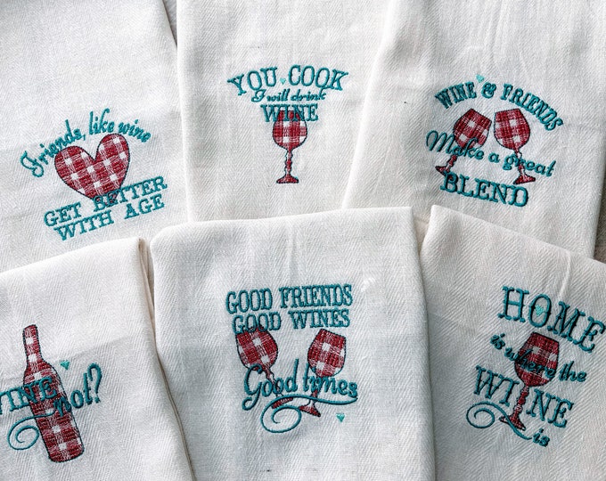 4x4 and 5x7 Primitive wine friends quotes sayings plaid gingham tartan buffalo dish kitchen towel SET 6 quotes machine embroidery designs